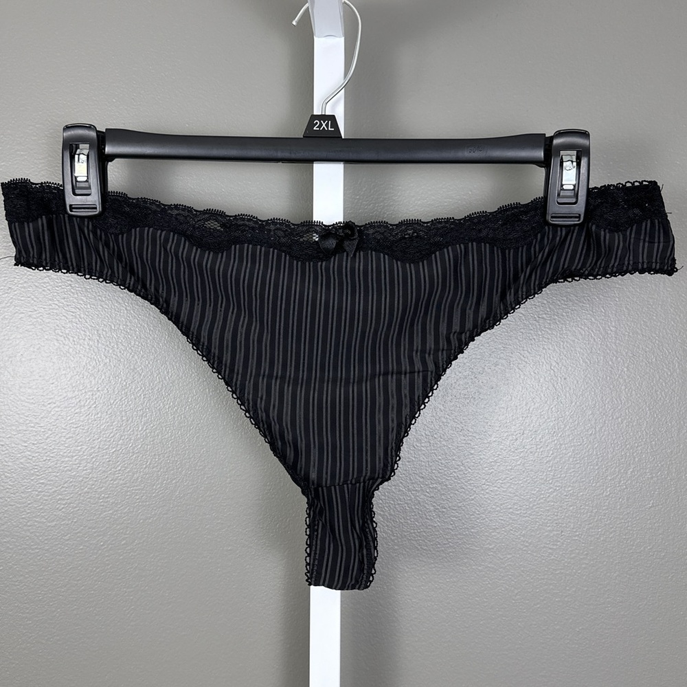 Vintage Y2K Fashion Bug Black and Gray Striped Lace Thong Panty Size 10 Panties